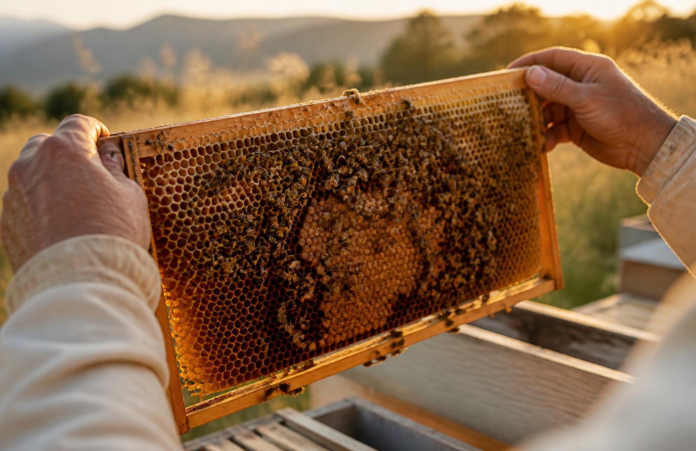 Beekeeper working with hives in morning light